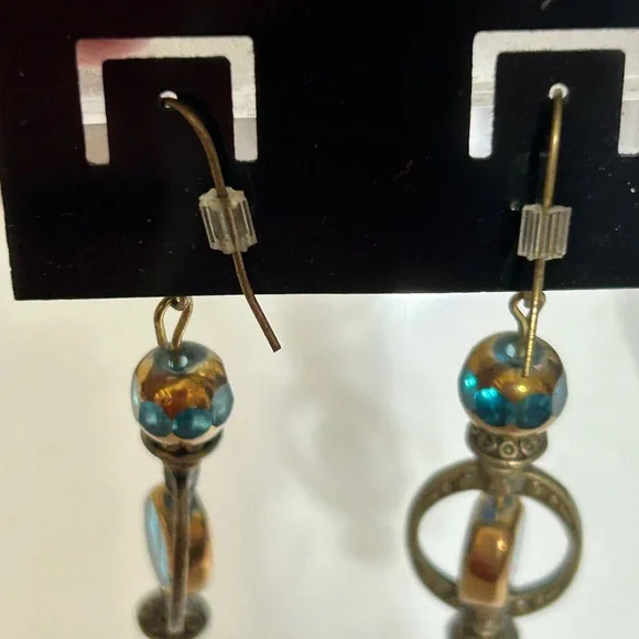 Hand Crafted Elegant Blue Glass and Gold Dangle Earrings - Picture 3 of 3